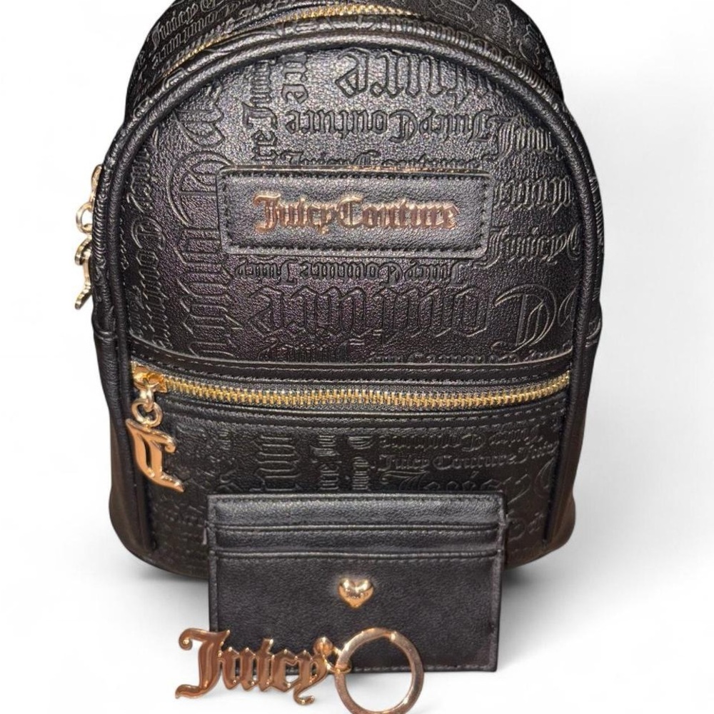 Juicy Couture Mini Backpack Set | Black Monogram Backpack w/ Wallet + Keychain